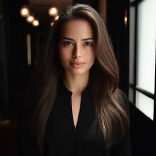 Dia memiliki rambut hitam abu-abu dengan refleksi cokelat muda, 20% pendek lurus di setiap sisi wajahnya, halus dan lurus. Rambutnya memiliki refleksi merah tembaga.